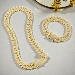 SPARKLING DUO 18K GOLD CUBAN CHAIN DIAMOND ACCENTS NECKLACE & BRACELET GIFT SET